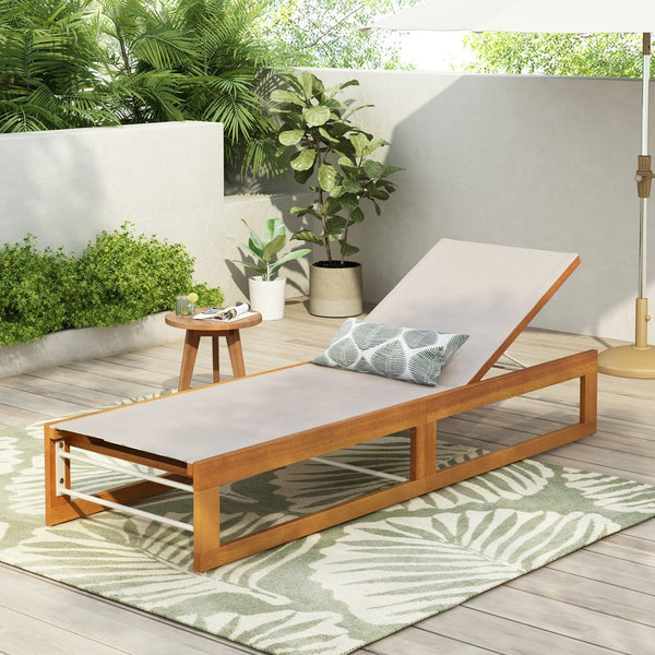 English Elm Christopher Knight Home® - MIA Acacia Wood Chaise Lounge with Breathable Textilene Mesh Seating for Cool, Durable Outdoor Relaxing Teak+ Beige 50.5 L x 27.75 W x 10.25 H N776P301491B