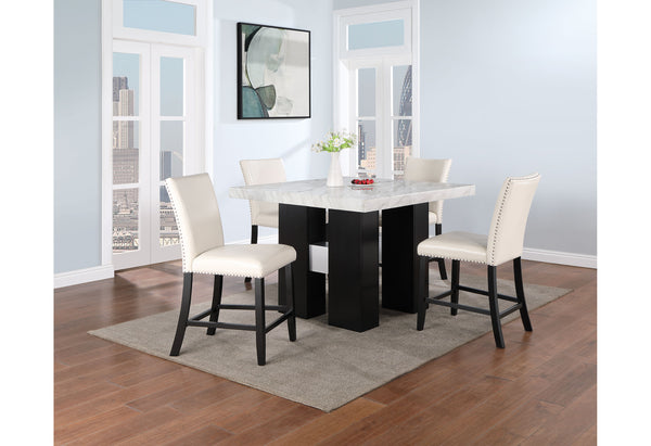 English Elm MIKHA Solid Wood White Bar Table with Faux Marble Top, Black Double Pedestal Base & Silver Connector B201S00094
