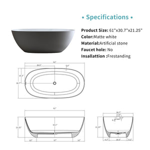 English Elm 61'' Freestanding Stone Resin Soaking Tub Ergonomic Basin Spa Bathroom White W2753P340255