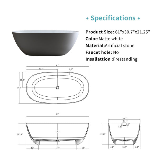English Elm 61'' Freestanding Stone Resin Soaking Tub Ergonomic Basin Spa Bathroom White W2753P340255