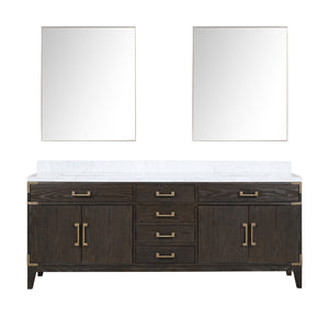 English Elm Brown Oak Double Bath Vanity With Carrara Marble Top, Generous Storage & Elegant 36" Mirrors B2731S01622