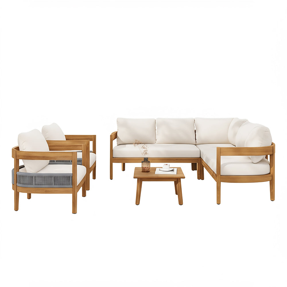 English Elm Christopher Knight Home® - BROOKLYN Acacia 6-Piece Patio Conversation Set with Teak Finish, Beige Cushions, Grey Rope Accents - Weatherproof, Comfortable, Easy Assembly N773OS00068B