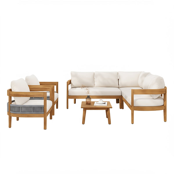 English Elm Christopher Knight Home® - BROOKLYN Acacia 6-Piece Patio Conversation Set with Teak Finish, Beige Cushions, Grey Rope Accents - Weatherproof, Comfortable, Easy Assembly N773OS00068B