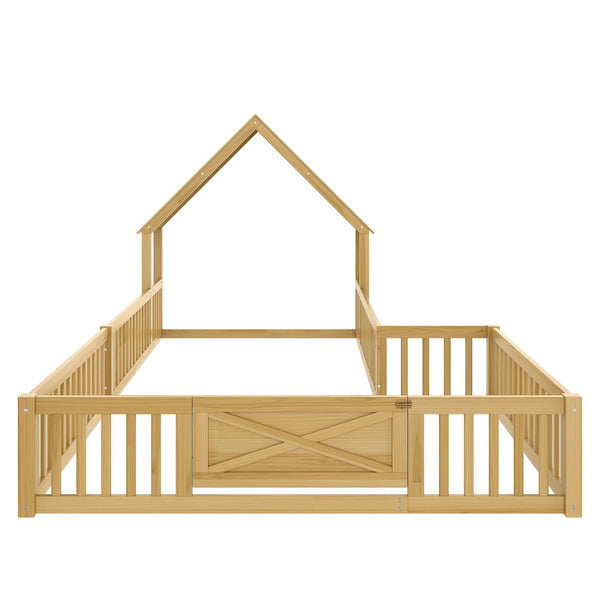 English Elm Full Full Size House Floor Bed with Door & Guardrails, Solid Wood Playful Design for Kids, Safe and Durable Natural W1580P327131