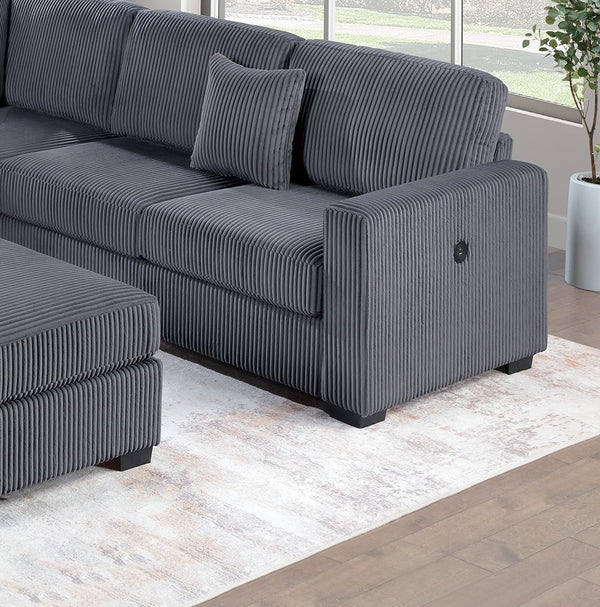 English Elm Living L-Shaped Sectional Sofa Set with Reversible Chaise, Tufted Burlap Fabric, Storage Ottoman, USB Port Dark Gray 34 L x 26 W x 46 H B011S01779