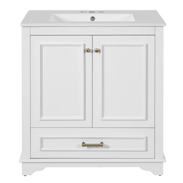 English Elm 30" Elegant Bathroom Vanity with Ceramic Sink, French-Inspired Compact Cabinet with Drawer & Shelf White N710P317676K