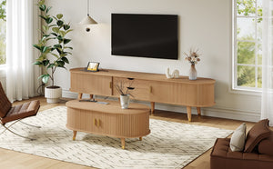 English Elm Wooden Fluted Farmhouse TV Stand & Coffee Table Set with Charging Station, Mid-Century Oval Design Natural N721S000049L