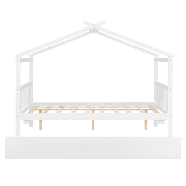 English Elm Full Size House Bed Solid Pinewood Frame with Pull Out Twin Trundle for Kids White LP000305AAK-1