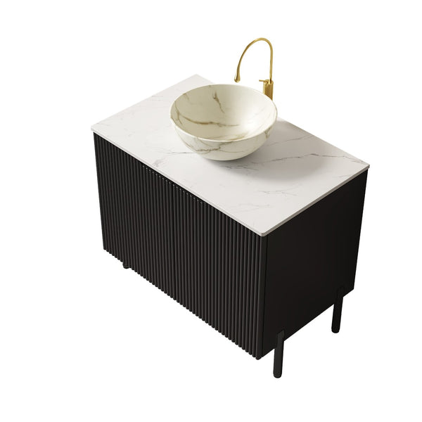 English Elm Turio Freestanding Bathroom Vanity Plywood Cabinet Sintered Stone Top Glass Basin W2615S00557