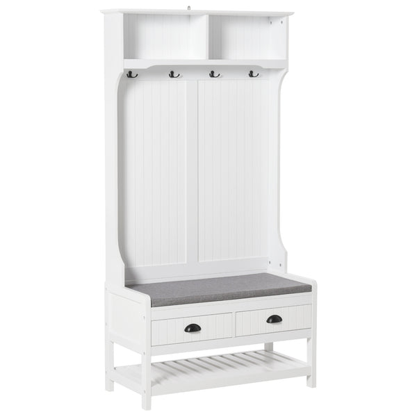 English Elm HOMCOM 3-in-1 Hall Tree Bench with Coat Rack, Shoe Shelf, 2 Drawers, 4 Hooks & Padded Seat—White W2225P217210