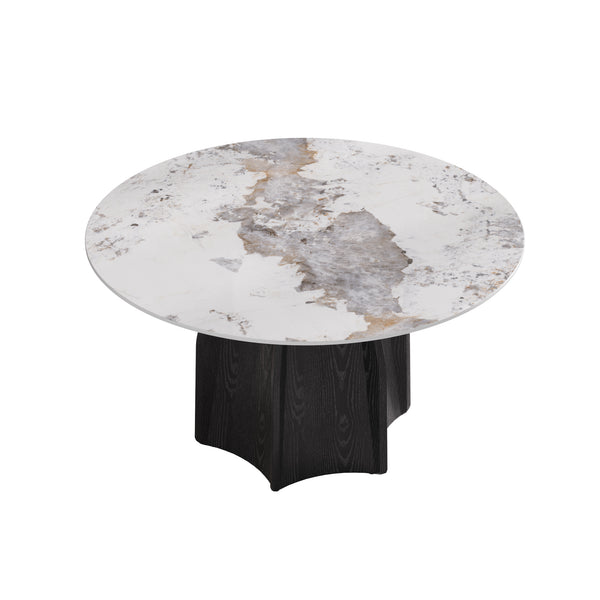 English Elm 53" Round Marble Dining Table - Elegant Sintered Stone Top & Solid Oak Base For 6 People Comfort W1535S00457