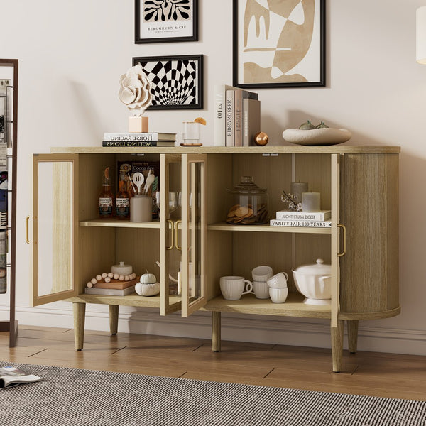 English Elm TREXM Modern Farmhouse Sideboard Cabinet with Fluted Panels, Tempered Glass Doors & Adjustable Shelves Natural N715P264923D