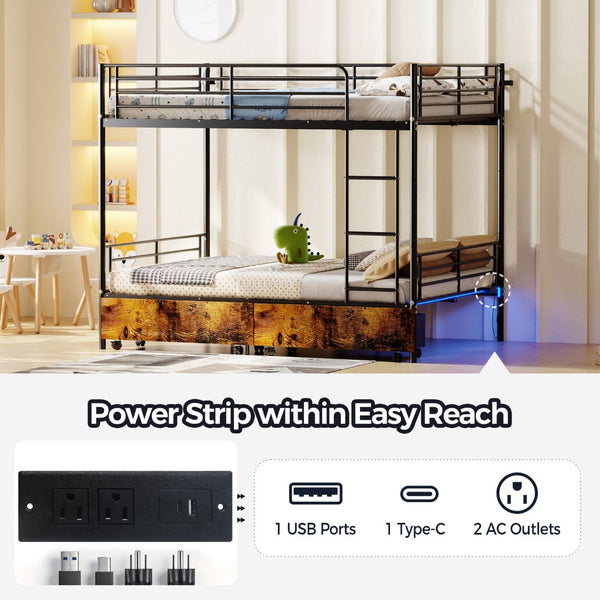 English Elm Bunk Bed Convertible Twin Over Metal Frame with Guardrail for Kids Rooms W3752S00009