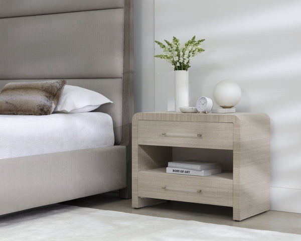 Sunpan ATHERTON Nightstand - Sand Raffia & Solid Wood, Soft-Closing Drawers, Modern Design & Safety Features 112286
