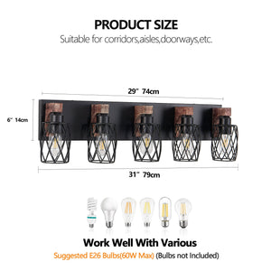 English Elm 31" Industrial Vintage 5-Light Wall Sconce Black Cage with Walnut Wood Accents for Bathroom Hallway W2312P374839