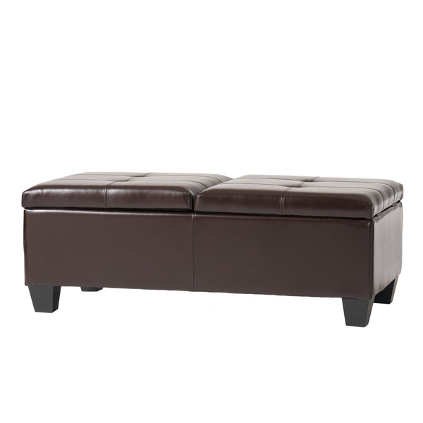 English Elm Christopher Knight Home® - ALFRED Storage Ottoman Brown PU Leather with Dual-Opening Tray Top, Tufted, Espresso Legs, 51.5"L N757P254559B