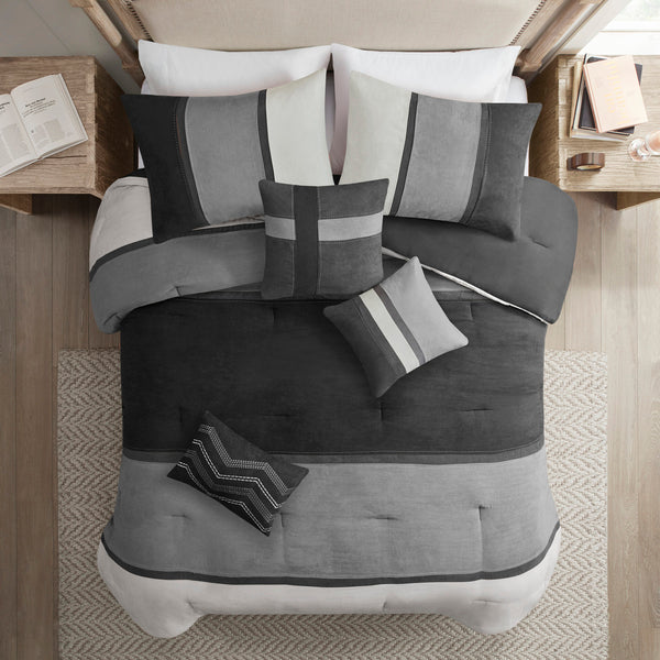 English Elm 7 Piece Faux Suede Comforter Set In Modern Black & Grey For Cal King - Cozy, Hypoallergenic & Stylish! B03597217