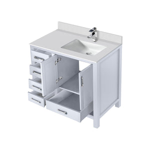 English Elm White 36 in Bath Vanity with Right Offset White Quartz Top, Soft-Close Drawers, Chrome Faucet Set B2731P259020