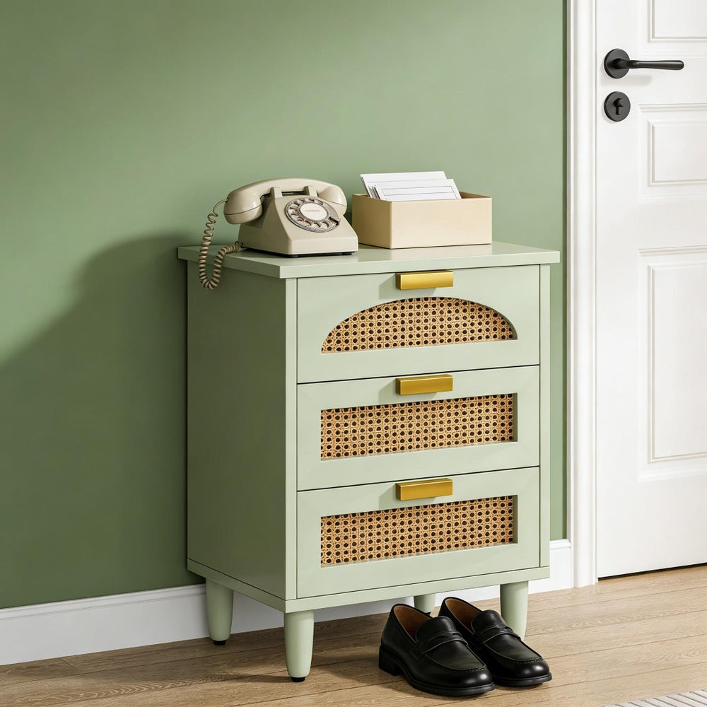 English Elm Rattan Three Drawer Nightstand Hand Woven Farmhouse Accent Table for Bedroom or Living Room T3971P453647