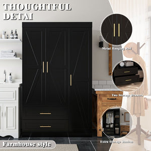 English Elm Shaker Three Door Wardrobe Armoire with Hanging Rod and Shelves for Bedroom Black T3210S00006