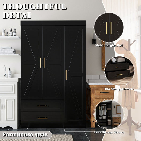 English Elm Shaker Three Door Wardrobe Armoire with Hanging Rod and Shelves for Bedroom Black T3210S00006