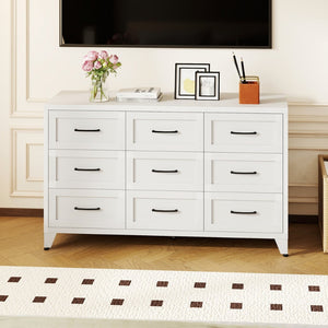 English Elm 9 Drawer Steel Dresser Low Profile White Powder Coated Frame Quiet Glide Bedroom Storage T2398P465982