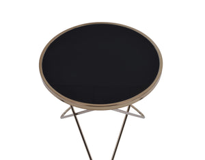English Elm Valora Round Black Glass End Table with Champagne Overlapped V Metal Base, Sleek 40lb Capacity B2726P370414