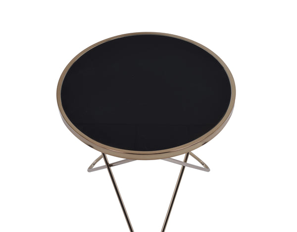 English Elm Valora Round Black Glass End Table with Champagne Overlapped V Metal Base, Sleek 40lb Capacity B2726P370414