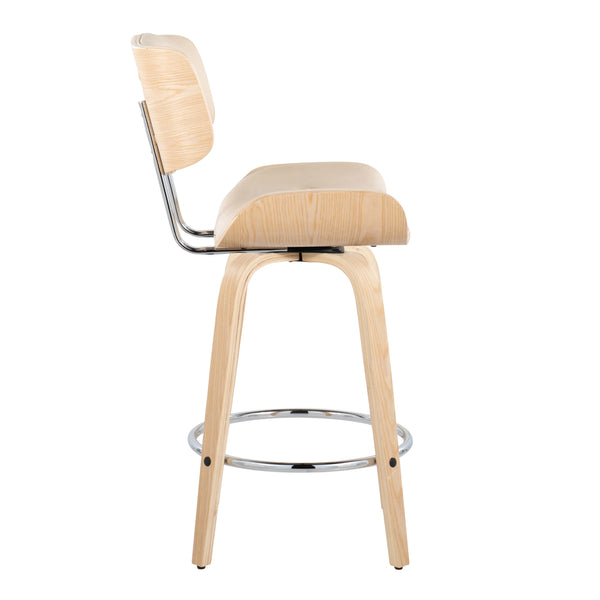 English Elm Lombardi Mid-Century Counter Stool 26" Set of 2 — Tufted Faux Leather Seats, Swivel, Wood Backrest Cream B202S00345