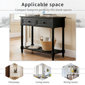 English Elm TREXM Daisy Series Console Table with Two Drawers and Bottom Shelf Vintage-Inspired Pine Accent Piece Black N715P364059B