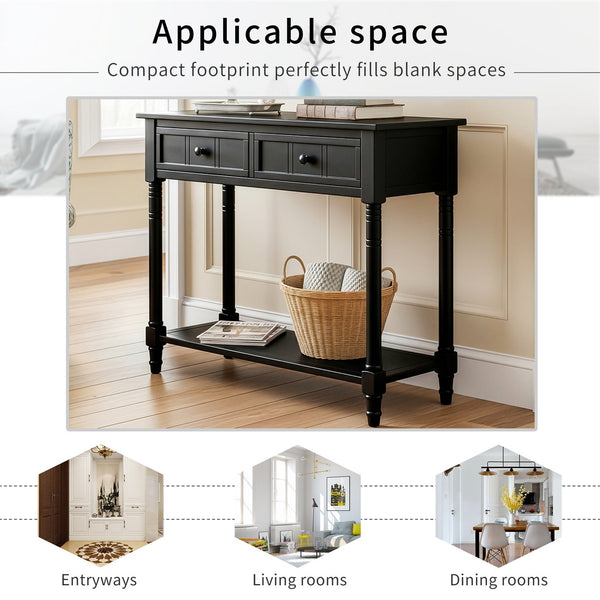 English Elm TREXM Daisy Series Console Table with Two Drawers and Bottom Shelf Vintage-Inspired Pine Accent Piece Black N715P364059B