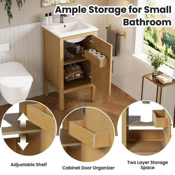 English Elm 18" Pine and Mdf Bathroom Vanity with Ceramic Basin Soft Close Hinged Cabinet N710P426321P