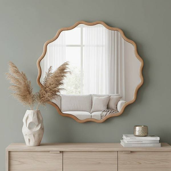 English Elm Natural Wood 30in Wavy Round Solid Wood Frame Decorative Mirror – Rustic Elegant Boho Vanity Accent W2203P389072