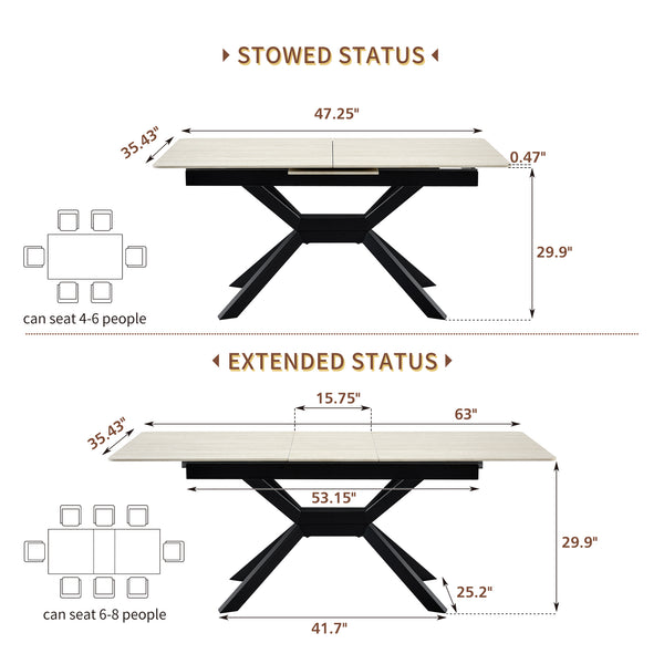 English Elm Modern Extendable Sintered Stone Dining Table with Auto-Lift, Scratchproof Waterproof Top & Black Metal Base W3493S00005