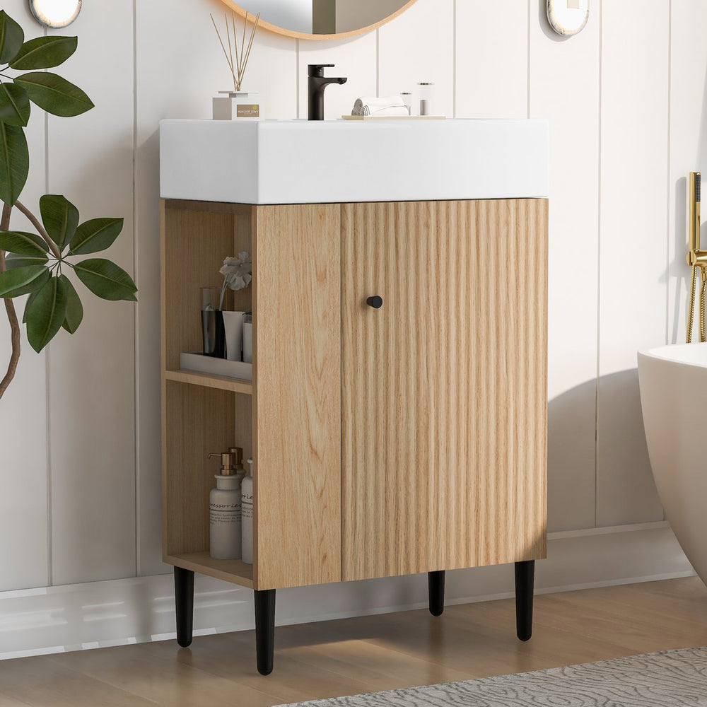 English Elm 21.6" Wood Left Side Storage Bathroom Vanity with Ceramic Sink, Soft-Close Door, Gold Handles, Modern SV000007AAD