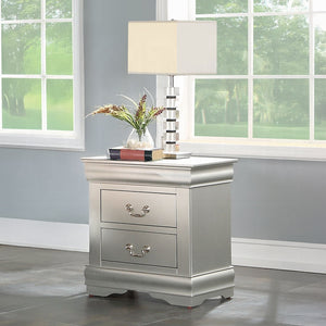 English Elm Wooden Two-Drawer Nightstand with Grooved Panels and Washed Finish — Transitional Bedroom Focal Point Silver grey B016P256195