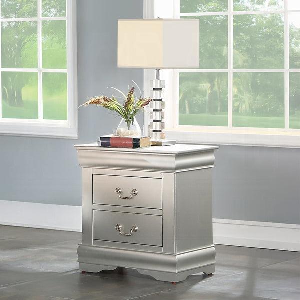 English Elm Wooden Two-Drawer Nightstand with Grooved Panels and Washed Finish — Transitional Bedroom Focal Point Silver grey B016P256195