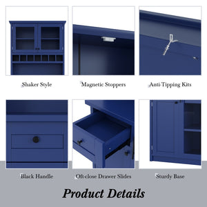 English Elm Topmax Farmhouse Buffet Hutch with Wine Rack Shaker Glass Pantry Cabinet Blue N717P327043C