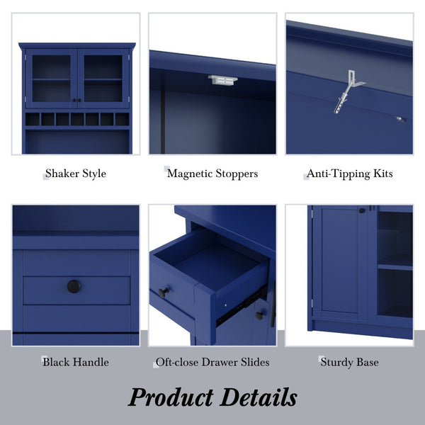 English Elm Topmax Farmhouse Buffet Hutch with Wine Rack Shaker Glass Pantry Cabinet Blue N717P327043C