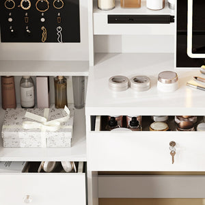 English Elm Vanity Desk with Lighted Sliding Mirror Hidden Storage and Cushioned Stool White Bedroom W2700P369513