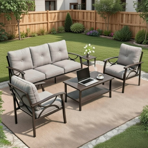 English Elm 5-piece Outdoor Conversation Set with Steel Frame Weather Resistant Cushions Patio Seating Gray B082S00128