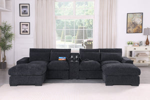 English Elm Modern Flannel Velvet Modular Sectional with Reclining Seats Usb Console Ottomans Dark Gray B2730S00044