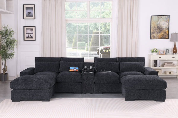 English Elm Modern Flannel Velvet Modular Sectional with Reclining Seats Usb Console Ottomans Dark Gray B2730S00044