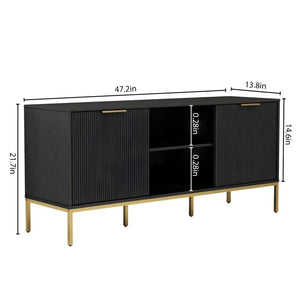 English Elm Modern Wave Door Media Console with Gold Legs Soft Close Hinges and Open Shelf W3151P407896