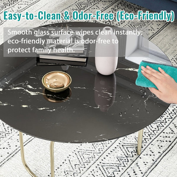 English Elm 32"inch Round Tempered Glass Tabletop Marble Print Indoor Outdoor Dining Patio Replace Black W241P361474