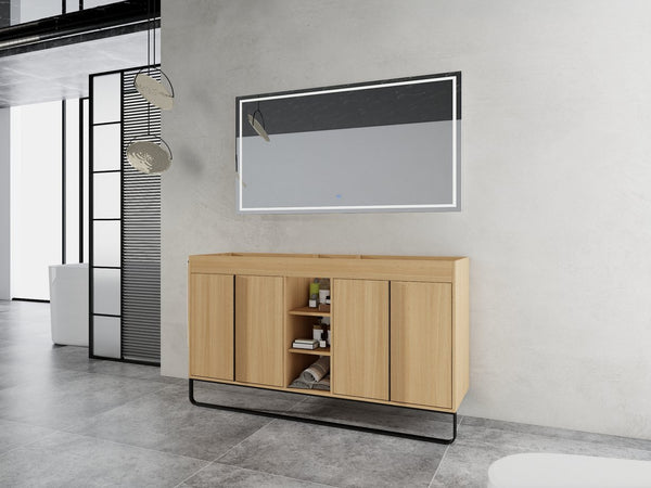 English Elm 60" Modern Freestanding Bathroom Vanity with 4 Soft-Close Doors, 3 Open Shelves, Towel Hanger, 8 Boxes W999P376886