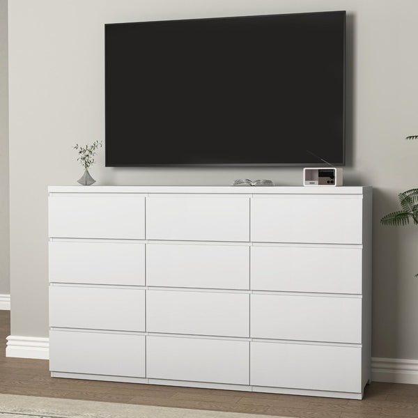 English Elm 12 Drawer Wide Double Dresser Modern Symmetrical Wood Storage Chest for Bedroom W409S00018