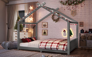 English Elm Twin House Frame Floor Bed Solid Pine Kids Room Montessori Low Profile Play Nook Gray W1580P387843