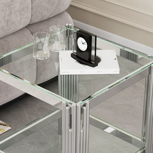 English Elm Modern Tempered Glass End Table with Silver & Gold Stainless Steel Frame, 2-Tier Storage, Sleek Durable Finish W1241P244702