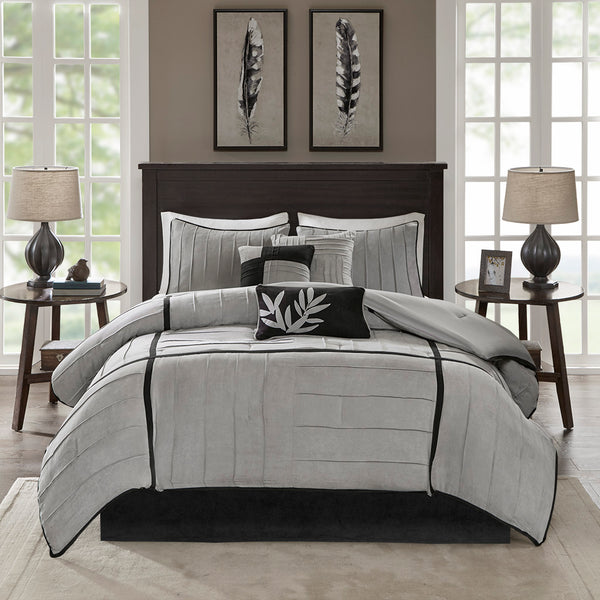 JLA Home Madison Park - 7 Faux Suede Comforter Set with Pintuck Texture, Grey & Black Accents, Cozy Microsuede, Machine Washable MP10-148